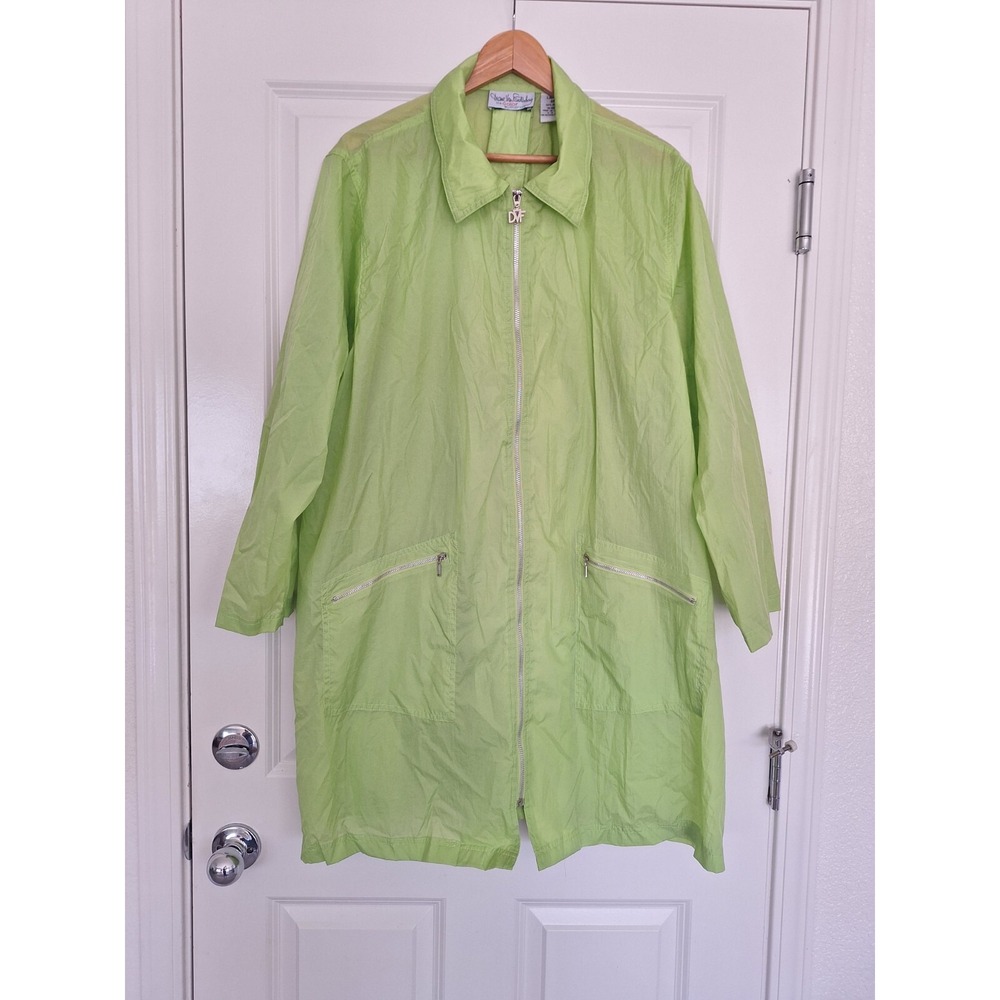 Diane Von Furstenberg Nylon Rain Coat Women 3X Green Zipper Belt Collar Pocket